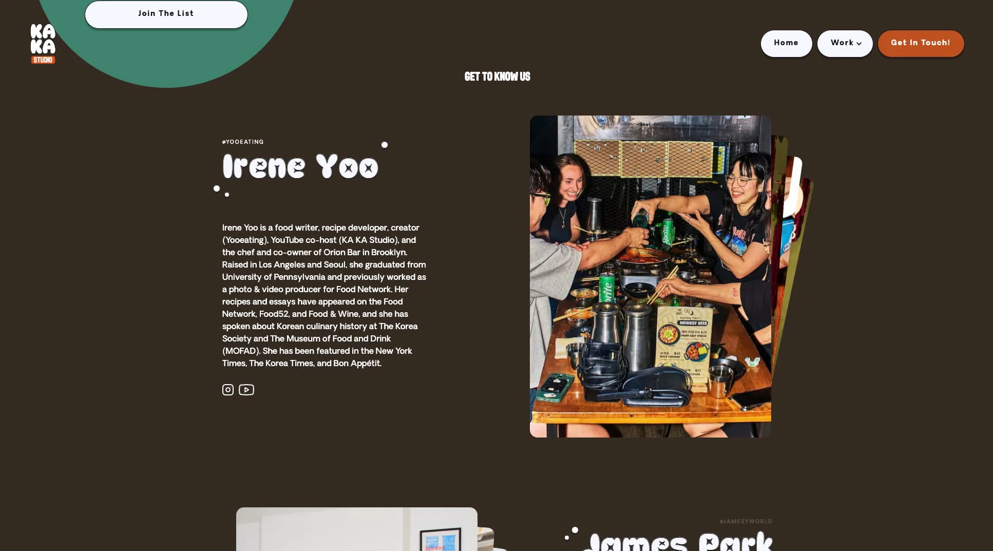 The founder bio section, introducing Irene Yoo alongside a photo of her work.