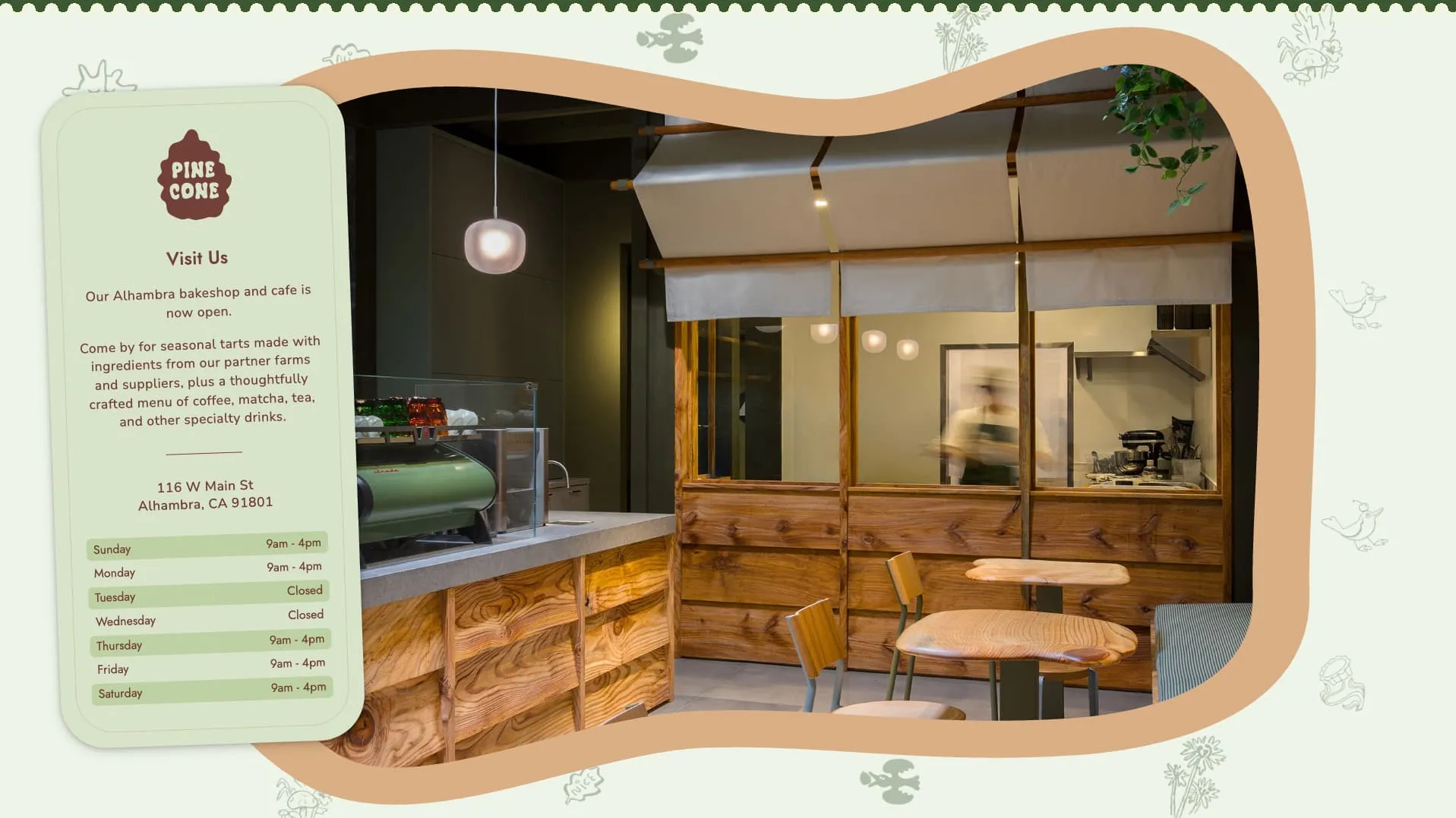The Pinecone website homepage, announcing the Alhambra bakeshop opening.