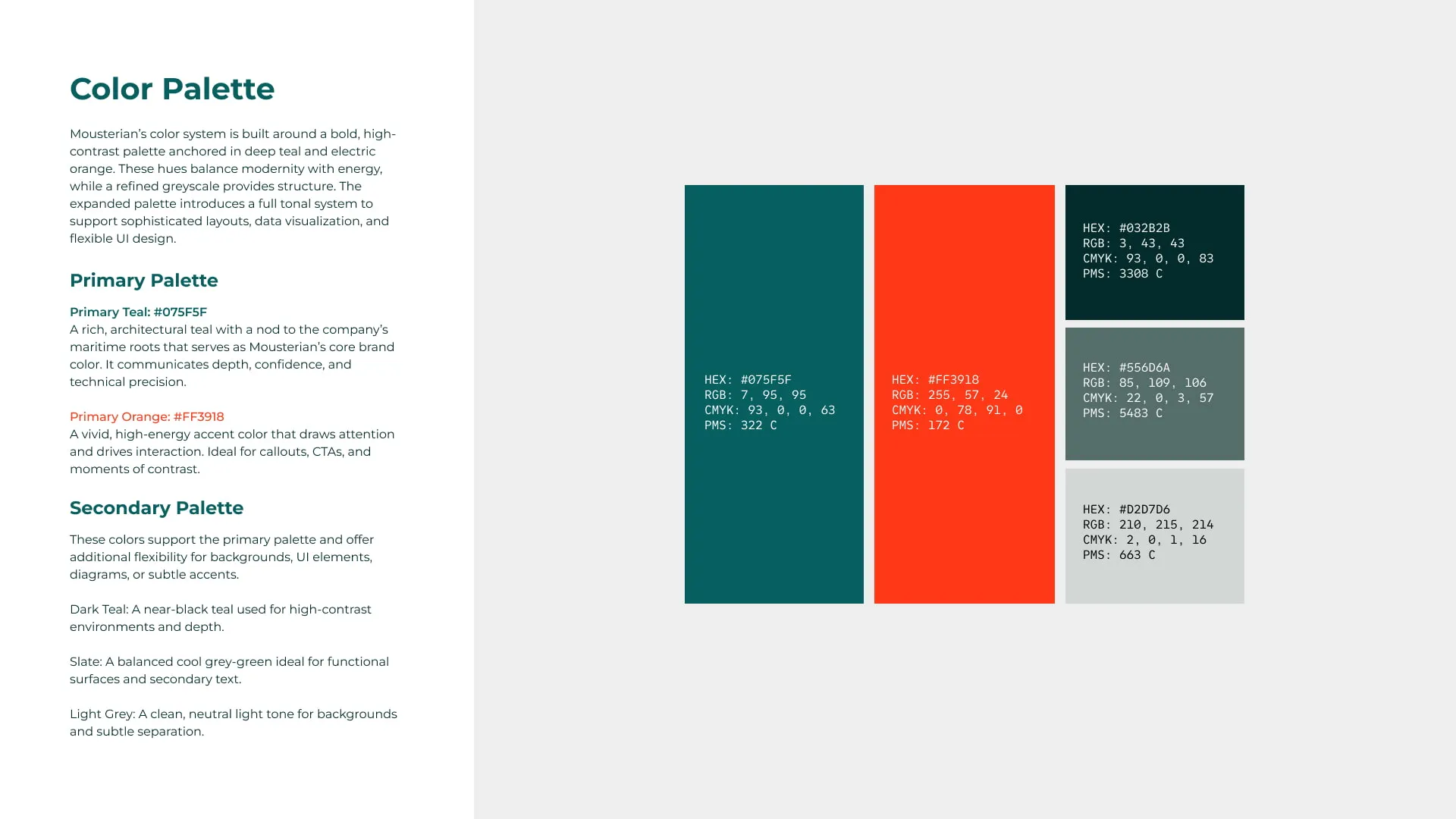 Brand guidelines page for the color palette, built on deep teal and electric orange.