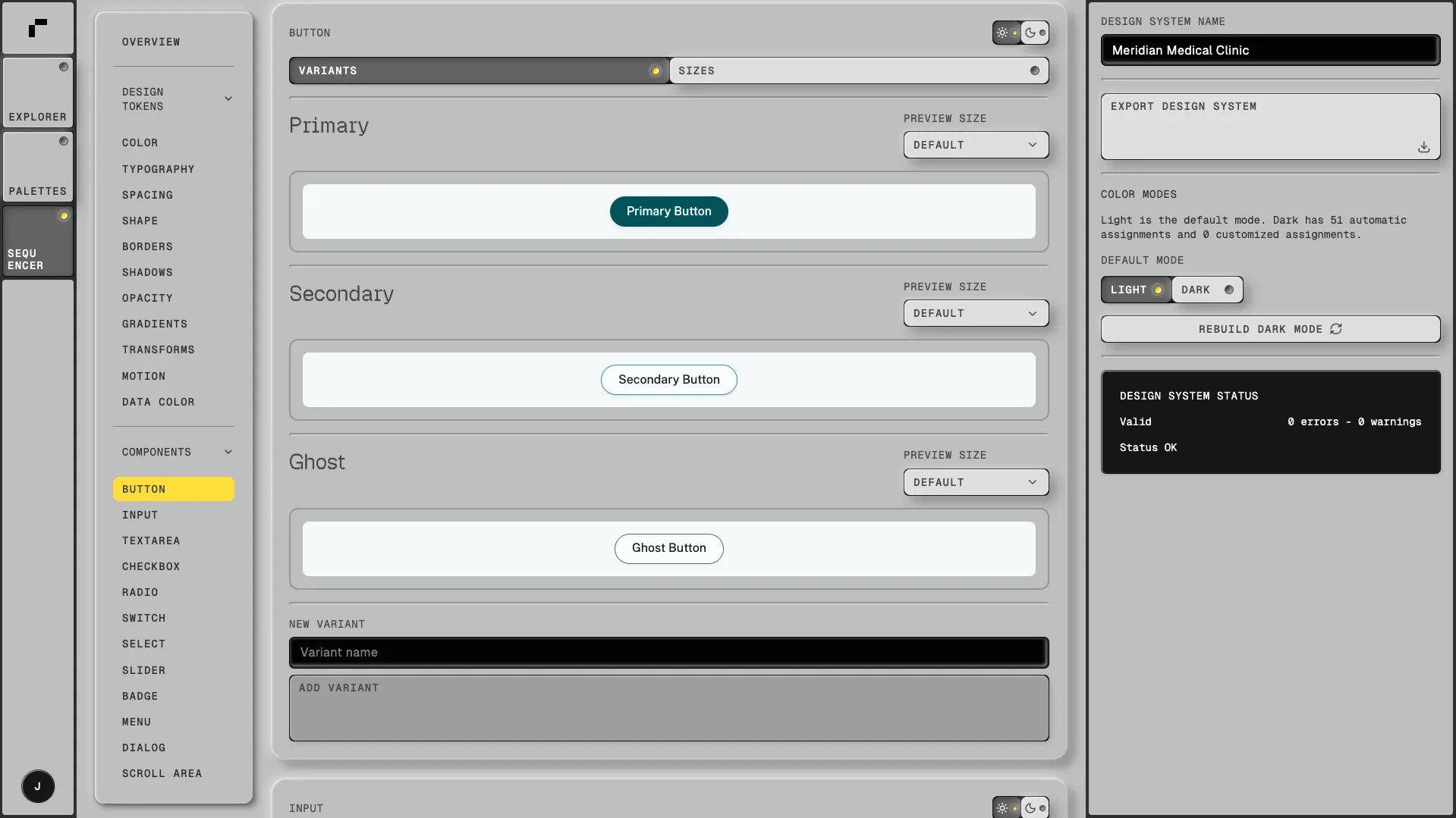 Sequencer's button editor, showing primary, secondary, and ghost variants.